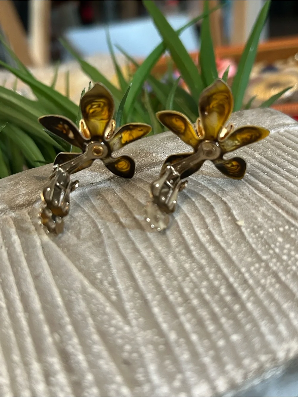Vintage Yellow Flower Clip-On Earrings amber colored petals unique